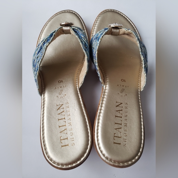 Italian Shoemaker Rhinestones Blue Gold Tone Wedge Sandals Size 10 - Picture 2 of 10
